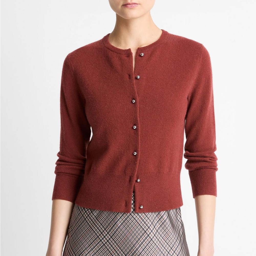 Vince “Metal-Button Wool & Cashmere-Blend Cardigan” in Siena